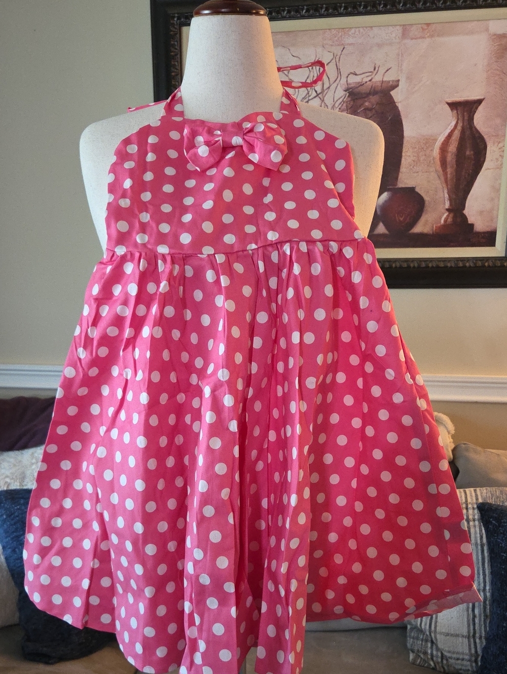 Girls Pink Polka Dot Halter Dress with Bow